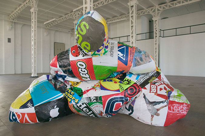 image of inflatable made of carrier bags with advertisements